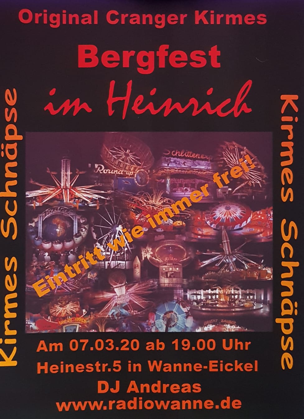 Am Samstag, den 07.03.2020, findet das 17. Original Cranger Kirmes Bergfest im Heinrich, Heinestr.5, 44649 Wanne-Eickel(Herne) statt. Beginn ist um 19.00 Uhr. Der Eintritt ist frei